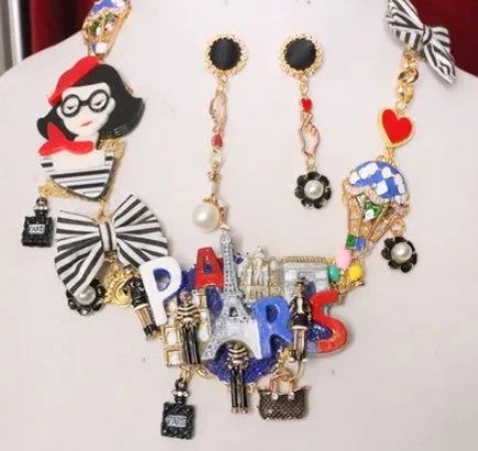 SOLD! 6296 Set Of I Love Paris Irregular Enamel Unusual Necklace+ Earrings