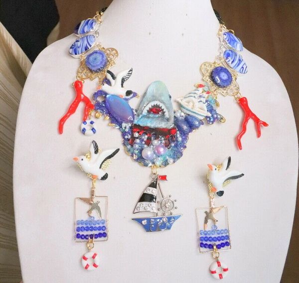SOLD! 6331 Set Of Genuine Opal Agate Hand Painted Nautical Shark Coral Reef Statement Necklace+ Earrings