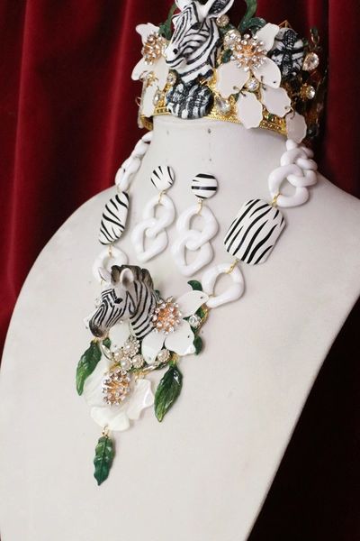 SOLD! 6336 Set Of Art Jewerly 3D Effect Hand Painted Zebra Crystal Flowers Massive Necklace