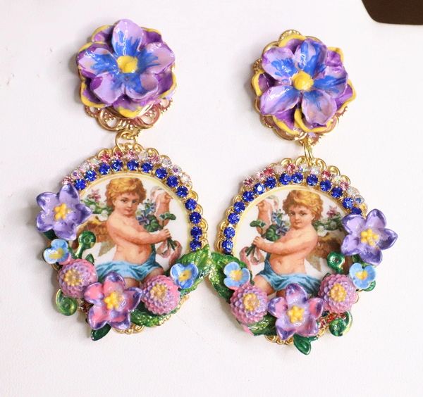 SOLD! 6338 Baroque Cherub Angel Cameo Purple Flowers Earrings