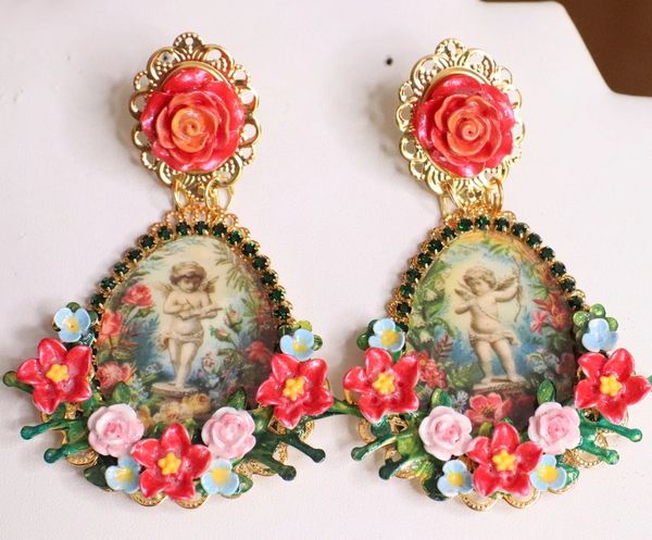 SOLD! 6339 Baroque Cherub Angel Cameo Red Flowers Earrings