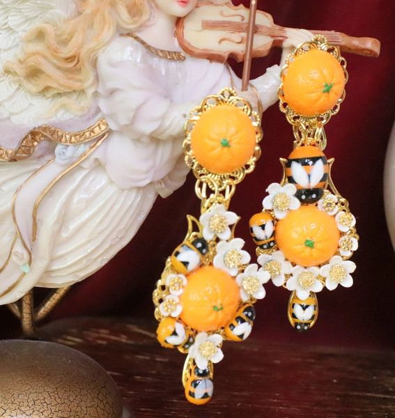 SOLD! 6343 Baroque Sicilian Orange Fruit Flower Blossom Bee Irregular Earrings