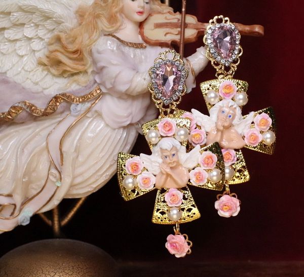 SOLD! 6346 Baroque Cherub Angel Roses Cross Earrings