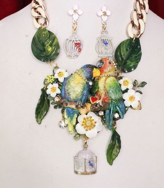 SOLD! 6348 Set Of Art Jewelry 3D Effect Hand Painted Love Birds Parrots Flowers Massive Necklace