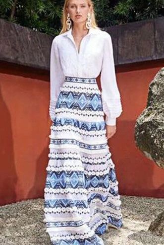 6218 Boho Style Cotton Fringe Maxi Skirt Size US4 -S Blue Color