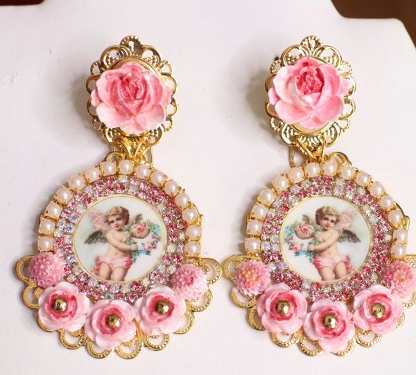 6380 SOLD! Baroque Cherub Angel Cameo Pink Flowers Earrings