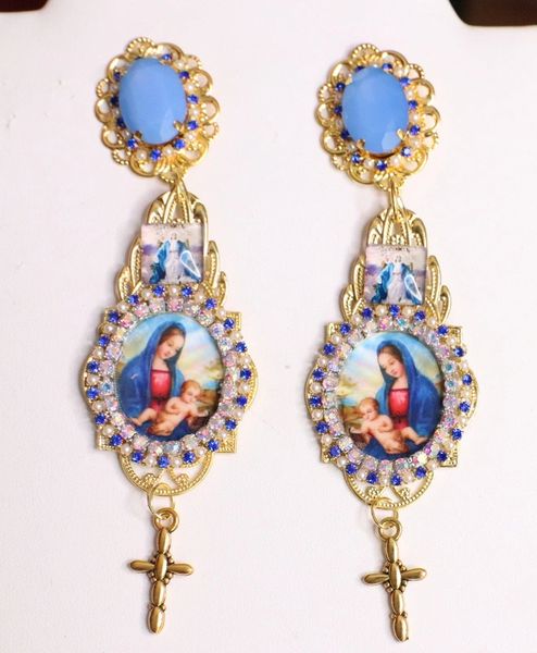 SOLD! 6381 Virgin Mary Blue Rhinestones Cameo Earrings