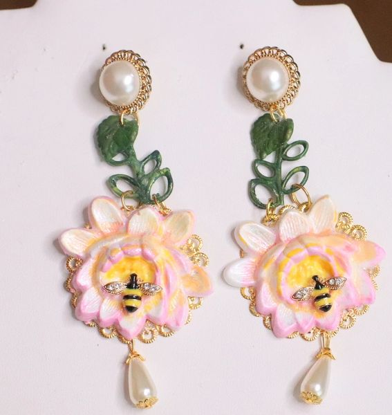 SOLD! 6384 Art Nouveau Hand Painted Water Lily Bee Earrings