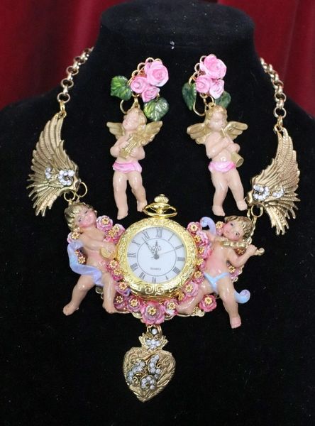 SOLD! 6386 Baroque Watch Winged Hand Painted Cherubs Angels Necklace