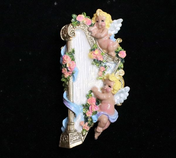 SOLD! 6387 Rococo Hand Painted Harp Angels Cherubs Huge Stunning Brooch