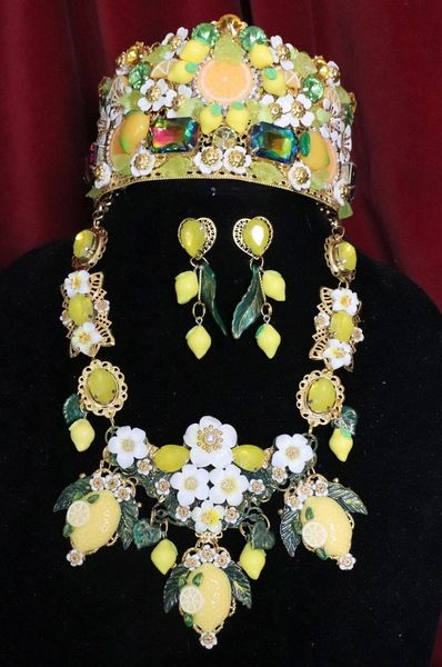 SOLD! 6391 Set Of Hand Painted Baroque Lemon Fruit Flower Blossom Massive Necklace+ Earrings