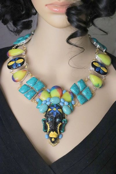 SOLD! 6419 African Revival Mask Genuine Turquoise Carved Rainbow Calsilica Black Onyx Peridot Necklace