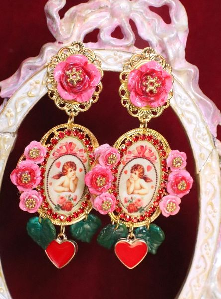 SOLD! 6431 Rococo Cherubs Cameo Red Roses Massive Studs Earrings
