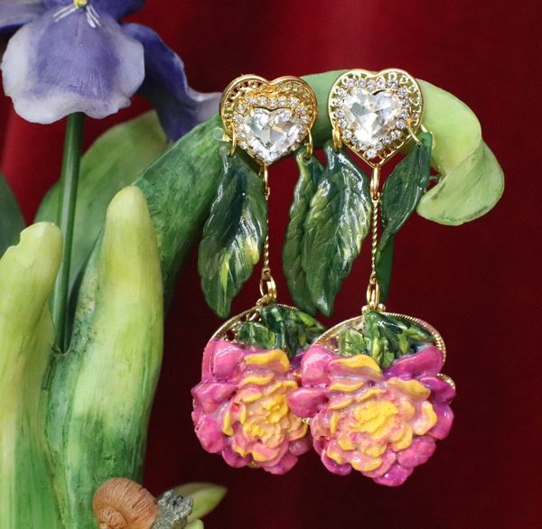 6432 Rococo Hand Painted Peony Flower Leaf Massive Studs Earrings