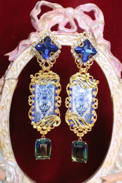 SOLD! 6433 Baroque Blue Vase Tile Sicilian Massive Studs Earrings