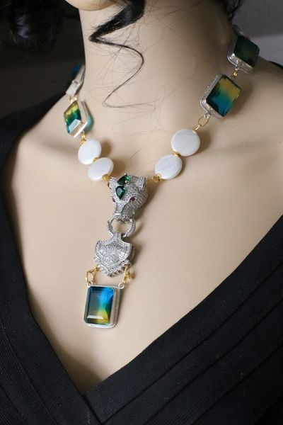 SOLD! 6437 Genuine Tourmaline Gemstones Zirconium Leopard Biwa Pearls Elegant Necklace