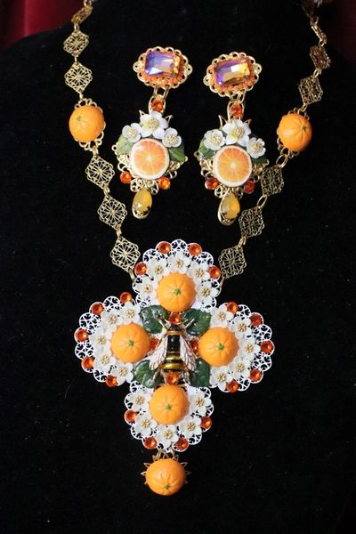 SOLD! 6438 Set Of Baroque Sicilian Orange Fruit Enamel Bee Massive Cross+ Earrings