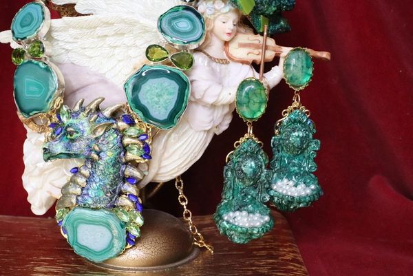 SOLD! 6440 Baroque Malachite Effect Fountain Lion Pearl Massive Studs Earrings