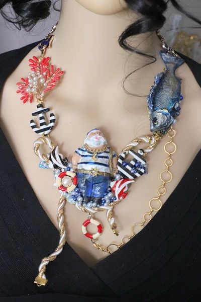 SOLD! 6441 Art Jewelry Nautical Fish-man Catching A Big Fish Massive Necklace