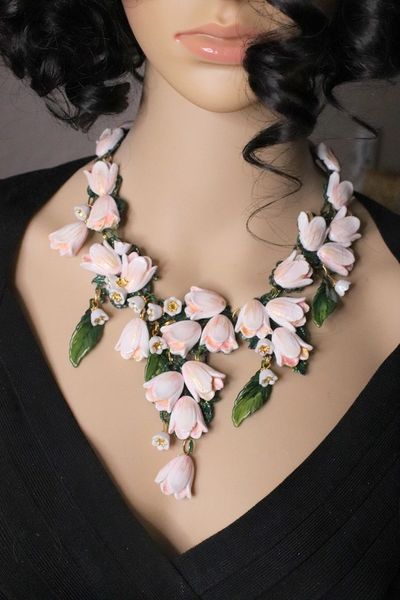 SOLD! 6443 Magnolia Flower Lily Of The Valley Irregular Hand Painted Statement Necklace