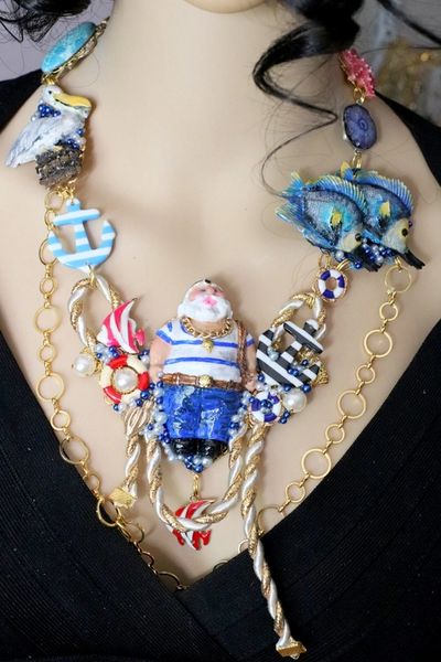 6447 Art Jewelry Nautical Fish-man Catching A Big Fish Genuine Agates Massive Necklace