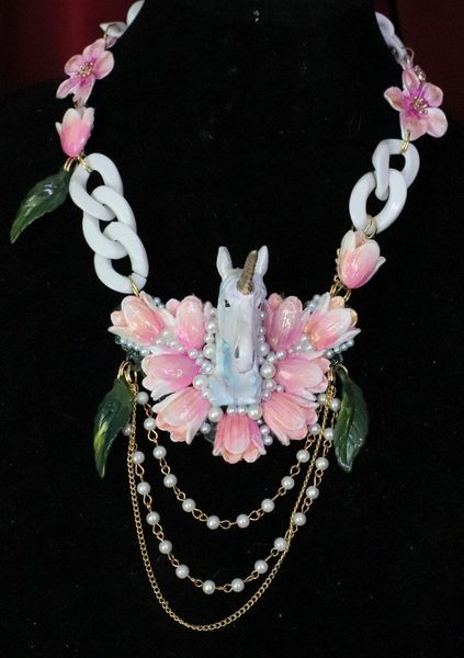 SOLD! 6450 Art Jewelry 3D Effect Hand Painted Unicorn Tulips Massive Statement Necklace
