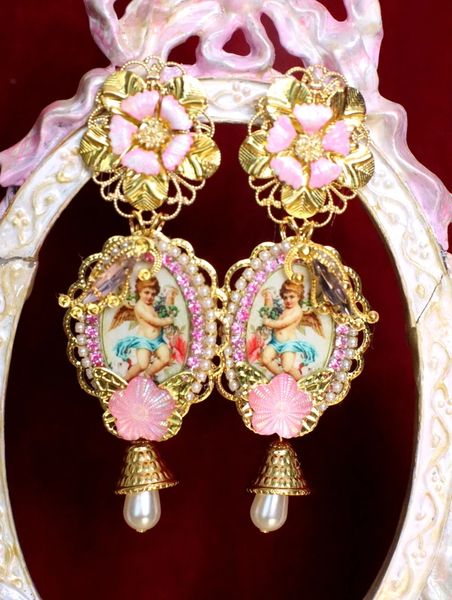 SOLD! 6481 Baroque Cherubs Angels Renaissance Cameo Massive Studs Earrings