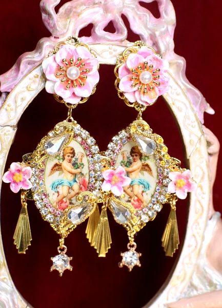 SOLD!6482 Baroque Cherubs Angels Renaissance Cameo Gold Tassels Massive Studs Earrings