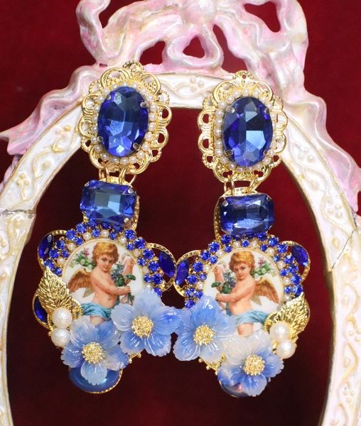 SOLD! 6485 Baroque Cherubs Angels Renaissance Cameo Blue Flower Massive Studs Earrings