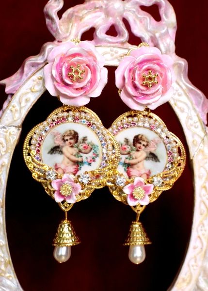 SOLD! 6486 Baroque Cherubs Angels Renaissance Cameo Pink Rose Massive Studs Earrings