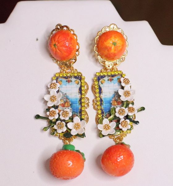 SOLD! 6490 Baroque Palermo Orange Fruit Cameo Massive Studs Earrings