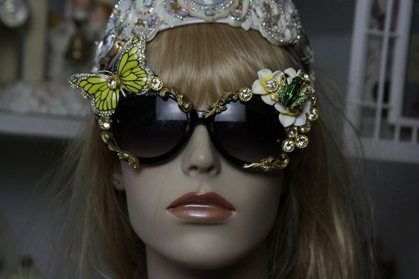 SOLD! 788 Miami Enamel Yellow Butterfly Crystal Frog Flower Embellished Sunglasses UV400