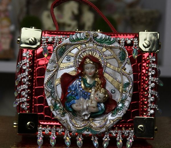 SOLD! 789 Victorian Vintage Style Rhinestone Virgin Mary Ornament Cigar Box Handbag Trunk