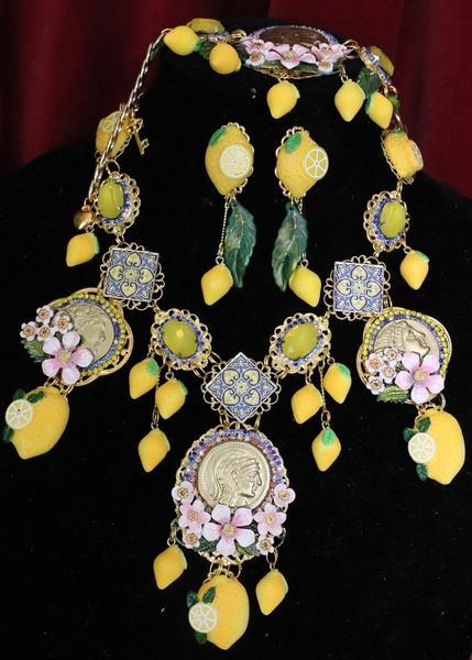 SOLD! 6528 Set Of Baroque Roman Coin Enamel Tile Lemon Fruit Statement Necklace+ Earrings