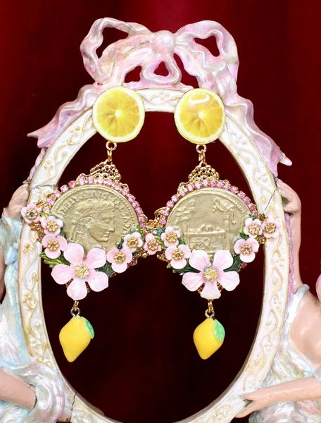SOLD! 6530 Baroque Runway Lemon Flower Blossom Roman Coin Studs Earrings