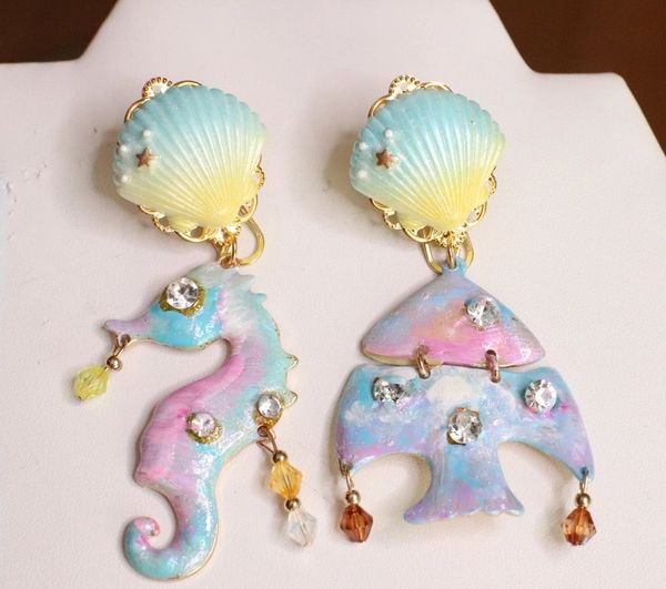 SOLD! 6531 Baroque Runway Hand Painted Nautical Sea Horse Fish Irregular Studs Earrings