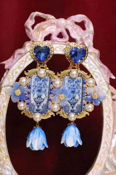 SOLD! 6532 Baroque Runway Hand Painted Blue Vase Sicilian Tile Studs Earrings