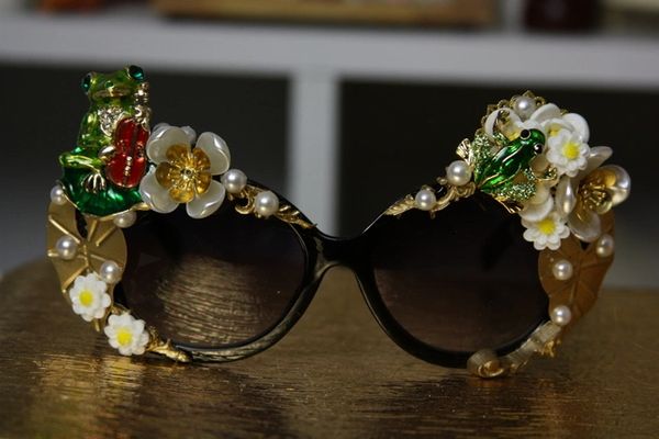 SOLD! 793 Miami Enamel Frogs Crystal Frog Flower Embellished Sunglasses UV400