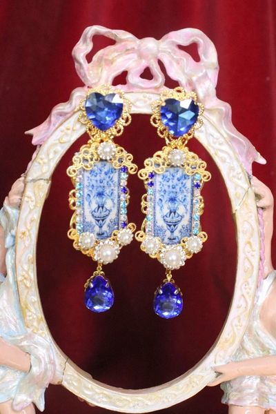SOLD! 6572 Baroque Sicilian Blue Vase Tile Pattern Studs Earrings