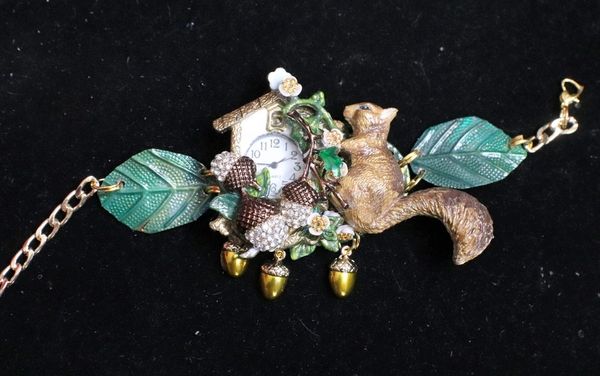 SOLD! 6574 Baroque Oak Clock Squirrel Hand Painted Adjustable Bracelet