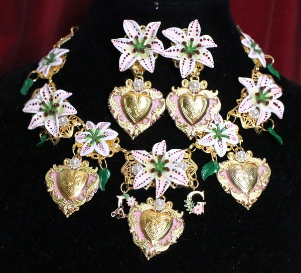SOLD! 6575 Set Baroque Lily Flower Hearts Massive Necklace+ Earrings