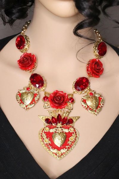 SOLD! 6597 Baroque Sacred Hearts Roses Massive Necklace