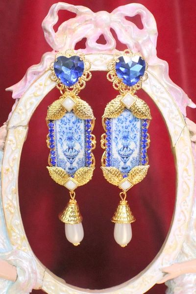 SOLD! 6598 Baroque Sicilian Blue Vase Tile Pattern Studs Earrings