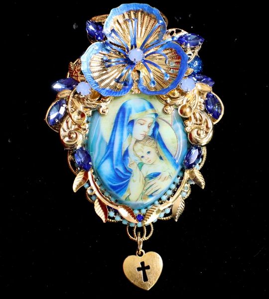 6603 Virgin Mary Painting On Genuine Agate Massive Brooch