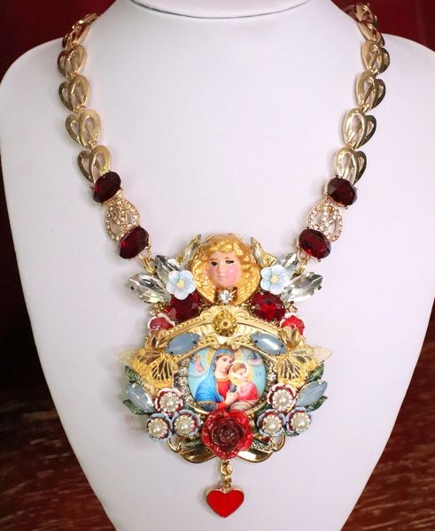 SOLD! 6632 Madonna And a Child Cherub Hand Painted Massive Pendant Necklace