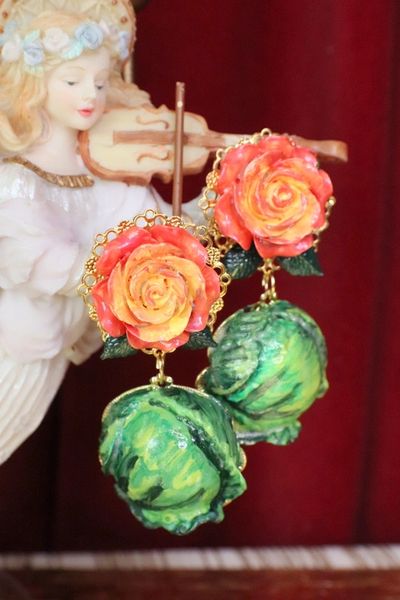 SOLD! 6637 Baroque Hand Painted Cabbage Studs Earrings