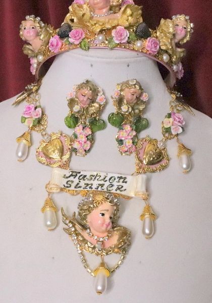 SOLD! 6654 "Fashion Sinner" Baroque Chubby Cherubs Angels Clear Crystal Necklace