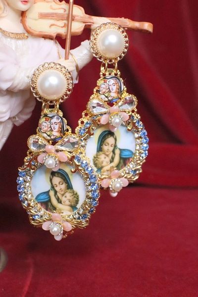 SOLD! 6655 Virgin Mary Cameo Blue Elegant Pearl Studs Earrings