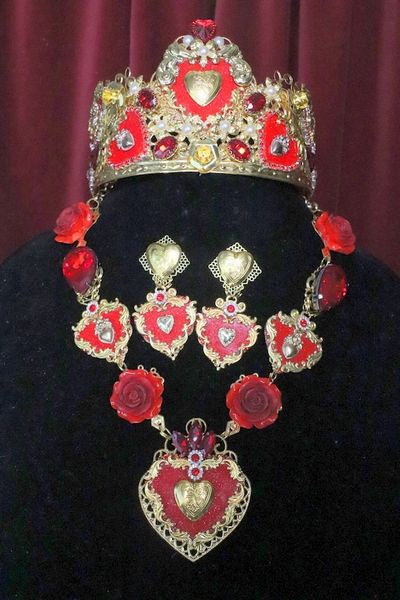 SOLD! 6684 Set Of Baroque Sacred Heart Red Roses Statement Necklace+ Earrings