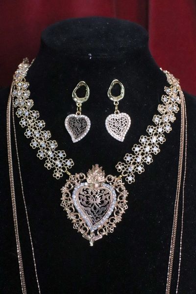 SOLD! 6711 Set Of Alta Moda Gold Tone Sacred Heart Pendant Necklace+ Earrings